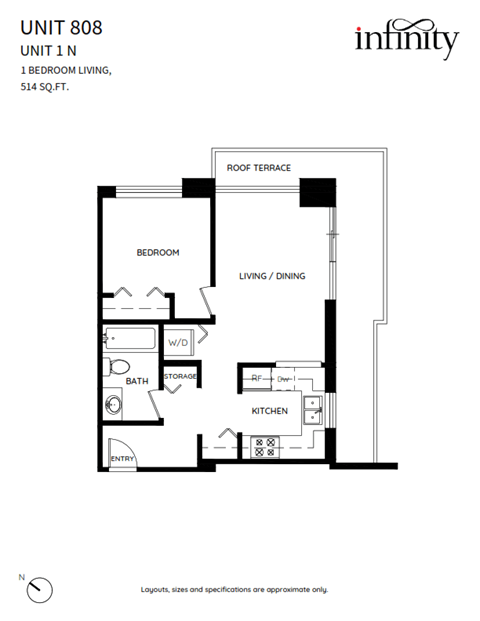 Floor plan for 1 bed, 1 bath